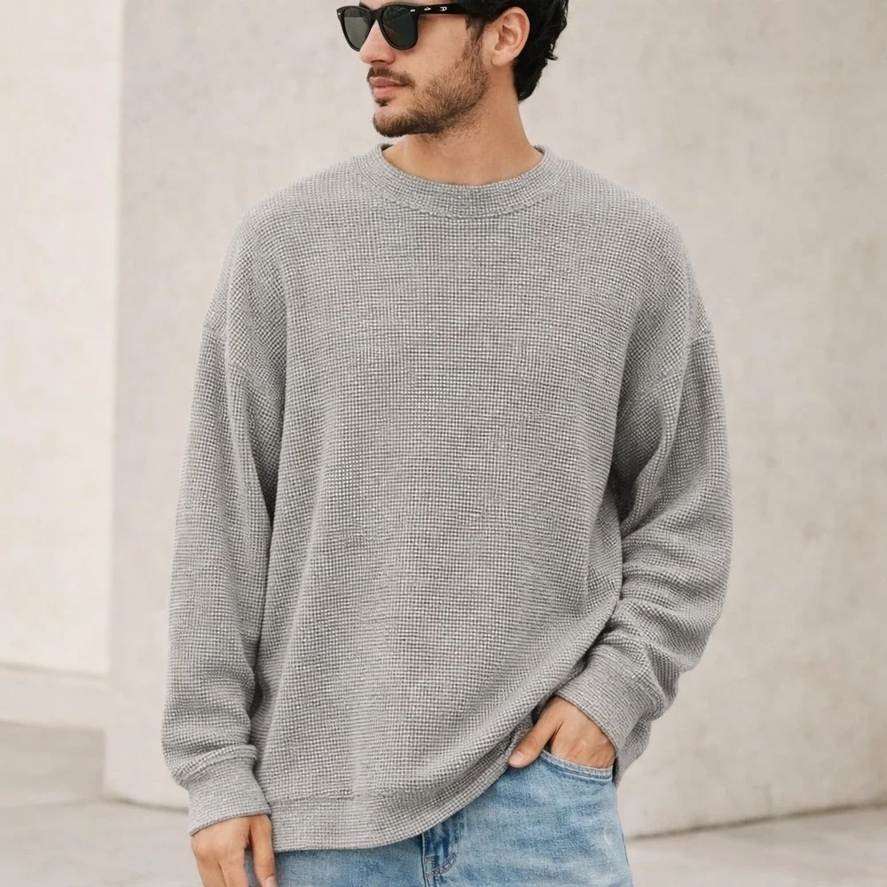 Aerie Mens Grey Waffle Knit Crewneck‎ Oversized Pullover Sweater XL RN54485